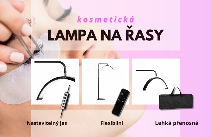 Obrázek ukazuje moderní kosmetickou lampu na řasy s flexibilním ramenem a nastavitelným jasem, ideální pro profesionální použití v kosmetických salonech.